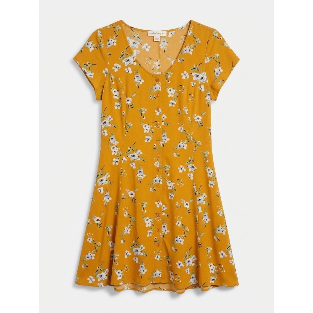 Band of Gypsies Yellow Floral Button Front Lace Up Back Mini Dress Womens Medium